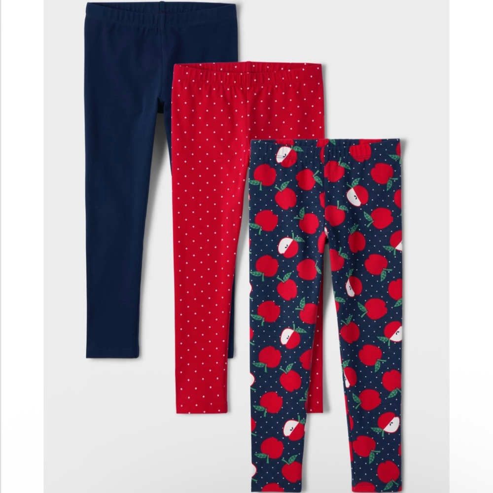 Set of Three Girls' Leggings - Navy, Red, and Apple Print